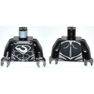 black torso super hero costume with muscles outline zod silver chest emblem oval belt buckle pattern black arms dark bluish gray hands