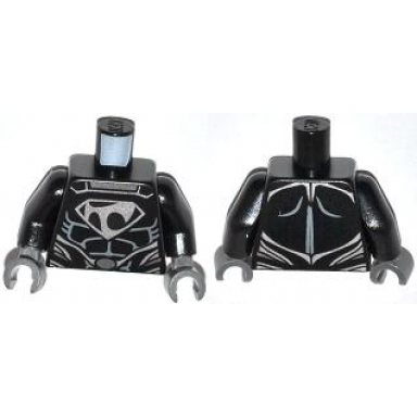 black torso super hero costume with muscles outline tor-an silver chest emblem oval belt buckle pattern black arms dark bluish gray hands