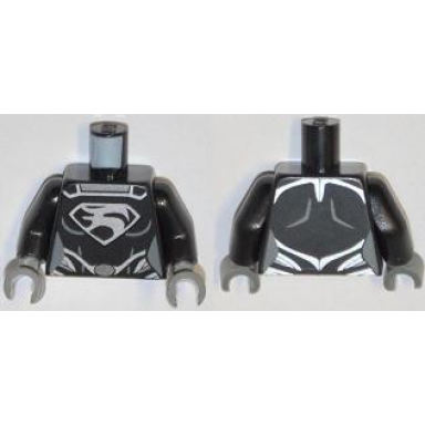 black torso female super hero costume with muscles outline faora silver chest emblem oval belt buckle pattern black arms dark bluish gray hands