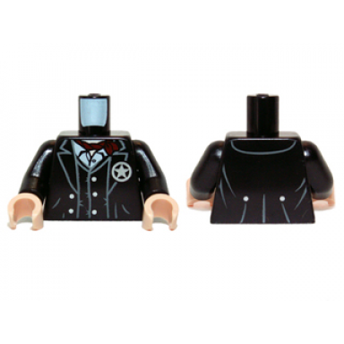 black torso jacket and vest with star badge and dark red scarf pattern black arms light nougat hands