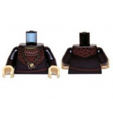 black torso lotr ruffled shirt with fur collar and gold medallion pattern grima black arms tan hands