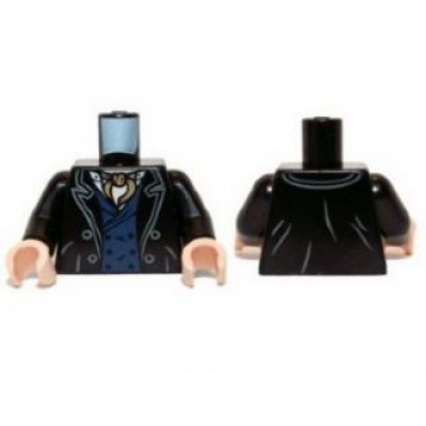 black torso jacket with lapels dark blue vest and dark tan ascot pattern black arms light nougat hands