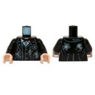 black torso jacket and vest with dirt patches star badge and dark red scarf pattern black arms light nougat hands