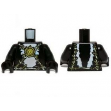 black torso white skunk fur with olive green and yellowish green vines belt and medallion pattern black arms black hands