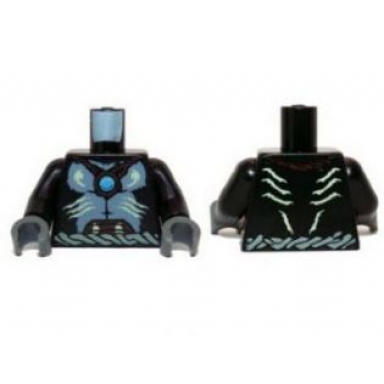 black torso bare sand blue chest rope belt yellowish green markings with dark azure round jewel chi pattern black arms dark bluish gray hands