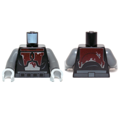 black torso sw mandalorian armor plates dark red and silver tattered pattern mandalorian super commando dark bluish gray arms light bluish gray hands