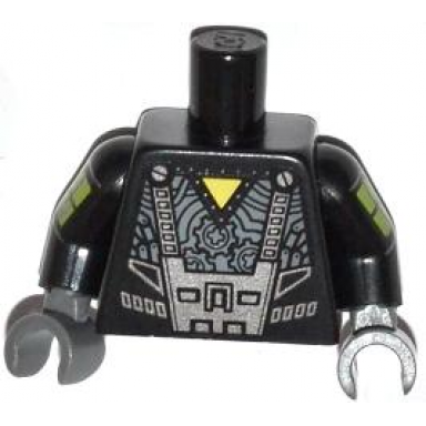 black torso robot with yellow triangle and cog wheels pattern black evil mech arms dark bluish gray hands