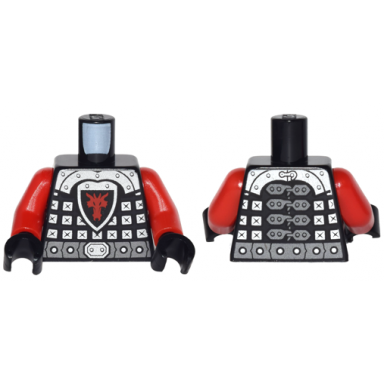 black torso castle dragon knight scale mail with dragon shield and shoulder armor front and back pattern red arms black hands