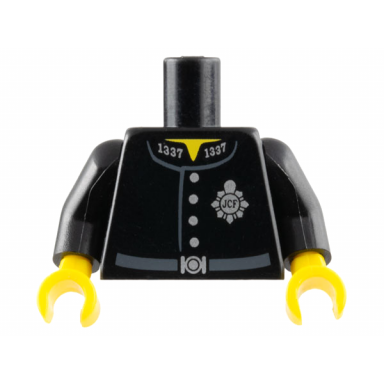 black torso police uniform jacket with silver 1337 on collar badge with jcf and buttons dark bluish gray belt with buckle yellow neck pattern black arms yellow hands