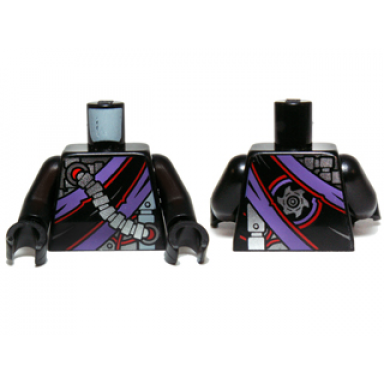 black torso ninjago robe with purple and black sash mechanical parts and silver saw blade emblem pattern black arms black hands