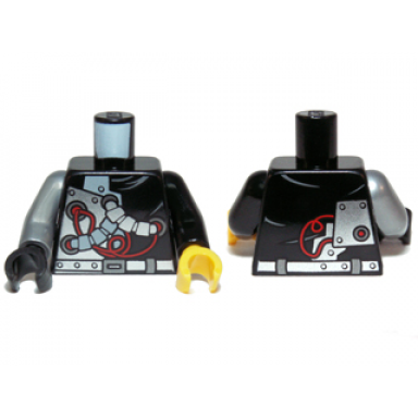 black torso ninjago with red wires and mechanical parts pattern black arm left flat silver arm right yellow hand left black hand right