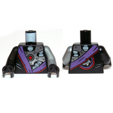 black torso ninjago robe with purple sash and exposed mechanical parts pattern flat silver arm left black arm right black hands