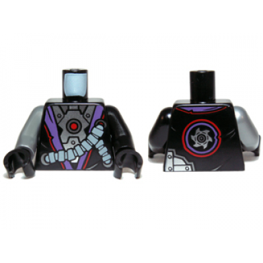 black torso ninjago robe with purple sash mechanical parts and silver saw blade pattern black arm left flat silver arm right black hands