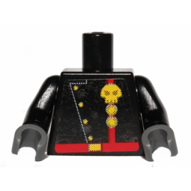 black torso space skull logo and two circles on red stripe with diagonal buttons and red belt pattern sticker black arms dark bluish gray hands