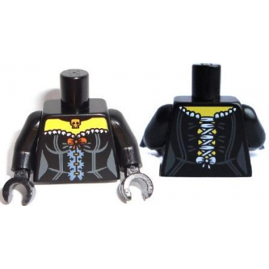 black torso female corset with orange bow and gold skull pendant pattern black arms black hands