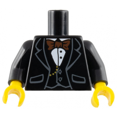 black torso jacket formal with vest white shirt and reddish brown bow tie pattern black arms yellow hands