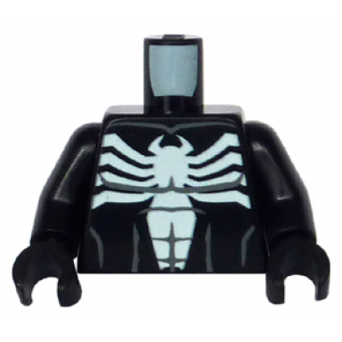 black torso with dark bluish gray muscles outline and white spider narrow abdomen front and back pattern black arms black hands
