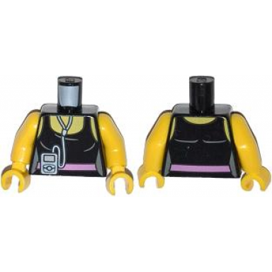 black torso female top with pink belt and music player pattern yellow arms yellow hands