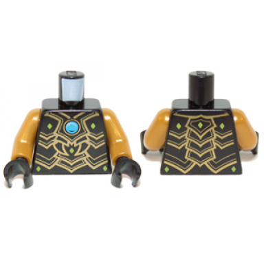 black torso chima black scaled armor with gold edges lime diamonds and blue round jewel chi pattern pearl gold arms black hands