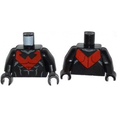 black torso batman nightwing red v logo and muscles pattern black arms black hands