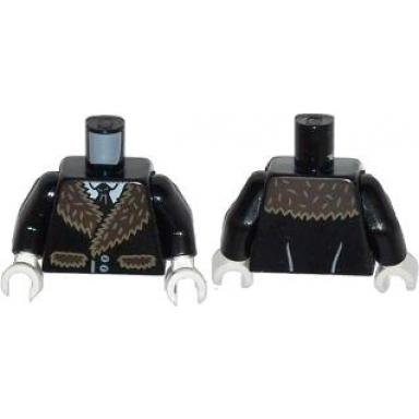 black torso batman coat with dark tan fur trim white shirt and black tie pattern black arms white hands