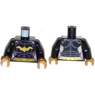 black torso batman female logo with body armor and gold belt pattern black arms pearl gold hands
