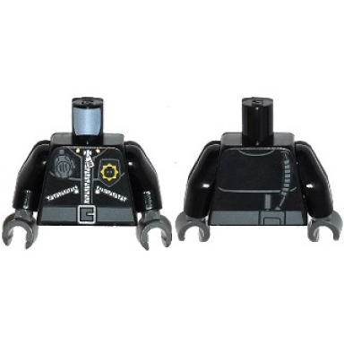 black torso police 3 zippers minifigure head badge radio and belt pattern pattern on front and back black arms dark bluish gray hands