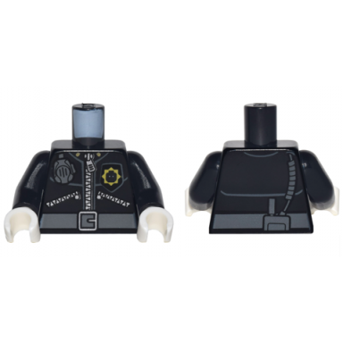 black torso police 3 zippers minifigure head badge radio and belt pattern pattern on front and back black arms white hands