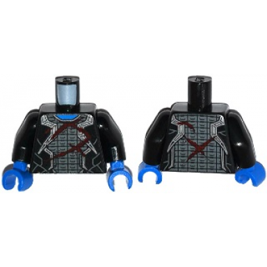 black torso robes with silver trim over armor and dark red wounds pattern black arms blue hands