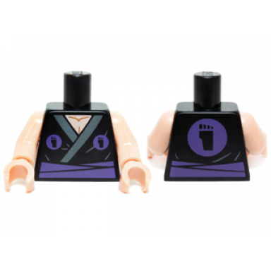 black torso ninja robe with dark bluish gray trim and dark purple circles with tmnt foot clan logo waist sash light nougat neck pattern light nougat arms light nougat hands