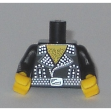 black torso leather jacket with silver studs and buckle hairy chest pattern black arms with silver studs pattern yellow hands