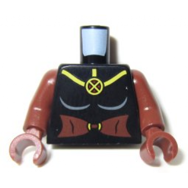 black torso female with yellow cross x-men logo and reddish brown midriff pattern reddish brown arms reddish brown hands