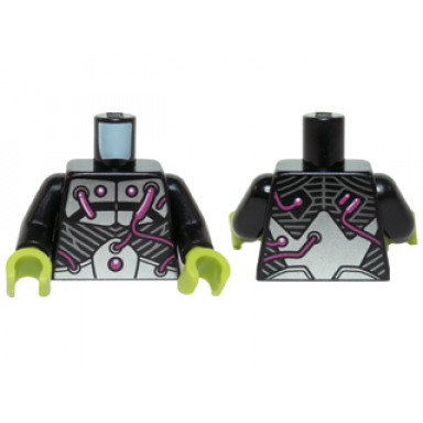 black torso armor with silver metal plates and dark pink electrical wires and buttons pattern black arms lime hands