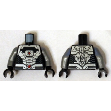 black torso black and silver armor plating with 2 red circles pattern cyborg flat silver arms black hands