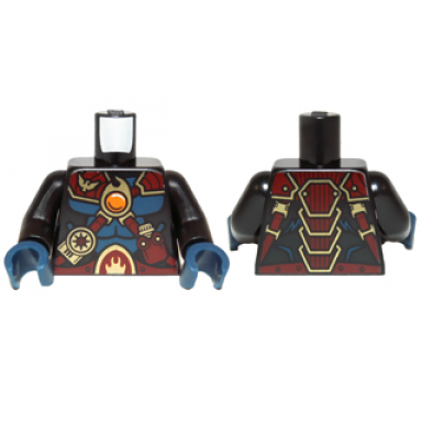 black torso dark blue muscles dark red straps and armor and fire chi emblem pattern black arms dark blue hands