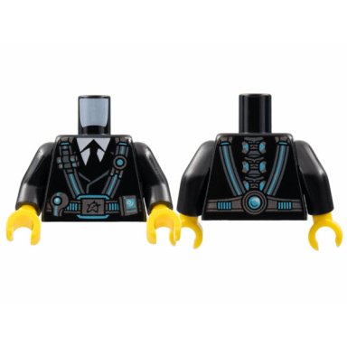 black torso utility belt and straps ultra agents logo on buckle light bluish gray shirt black tie pattern curtis bolt black arms yellow hands