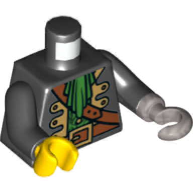 black torso pirate captain jacket open with gold trim over green shirt with narrow neck ruffle dark orange strap belt with buckle pattern black arms flat silver hook left yellow hand right