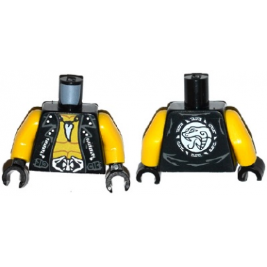 black torso leather vest over bare chest tooth necklace snake heads belt buckle snake head on reverse pattern yellow arms black hands