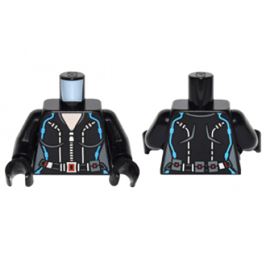 black torso female silver zippered suit with belt red buckle and dark azure lines pattern black widow black arms black hands