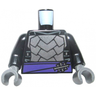 black torso armor with dark purple belt with silver clasp dark bluish gray trim pattern black arms dark bluish gray hands