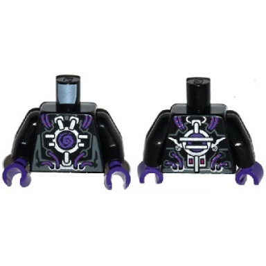 black torso robot with silver framework dark purple wires and center swirl pattern black arms dark purple hands