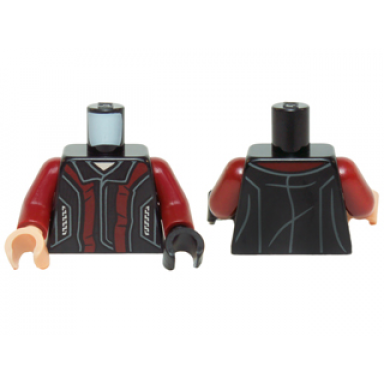 black torso vest with collar dark red panels and pockets with silver zippers pattern dark red arms light nougat hand right black hand left