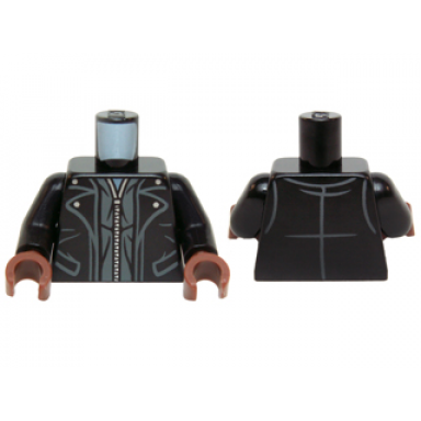 black torso leather trench coat with collar and pockets and silver zipper pattern black arms reddish brown hands