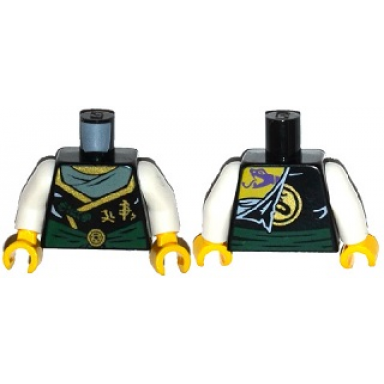black torso ninjago robe with dark green sash gold asian characters torn with dark purple snake head on back pattern white arms yellow hands