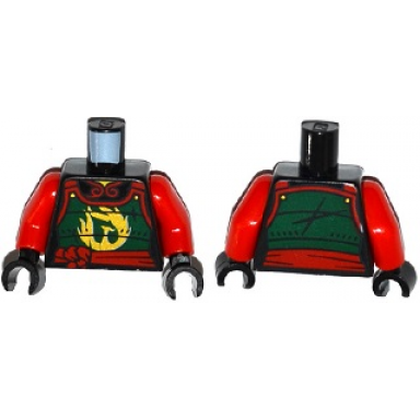 black torso ninjago female dark green samurai armor with gold phoenix and red sash pattern red arms black hands