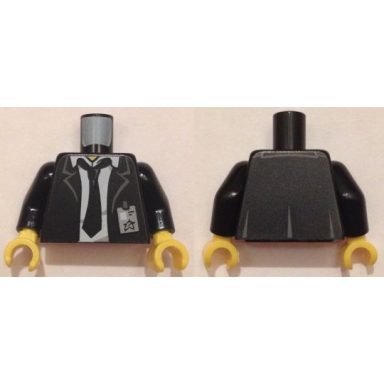 black torso suit jacket with white shirt and tie rumpled ultra agents id badge pattern black arms yellow hands