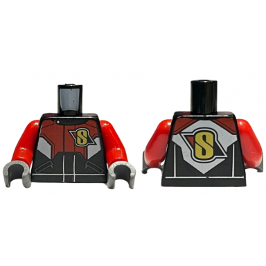 black torso racing suit with red and white chest and back panel with yellow s logo pattern red arms dark bluish gray hands