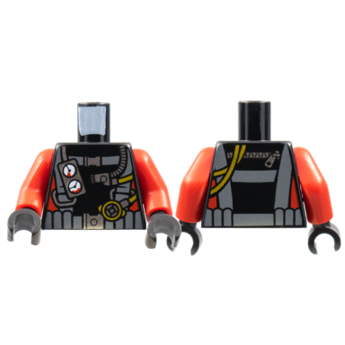 black torso diving suit with dark bluish gray harness gauges on front hoses and zipper on back red stripes on sides pattern red arms black hands