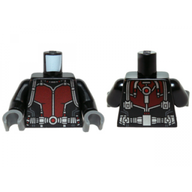 black torso ant-man dark red body suit with silver trim and shoulder belts pattern black arms dark bluish gray hands