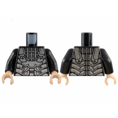 black torso silver layered armor plates with dark silver rivets pattern black arms light nougat hands